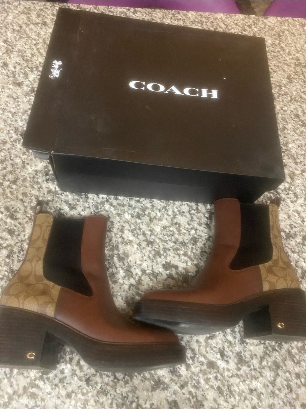 Coach Brown Leather Chelsea Boots with Signature Jacquard Panels